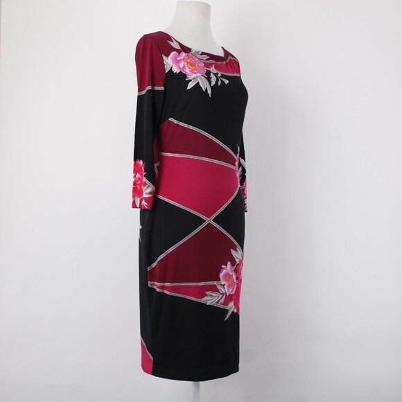 Cache Dress Sz 4 Black Pink Floral 3/4 Sleeve Midi Polyester Spandex  Dress - Picture 3 of 13